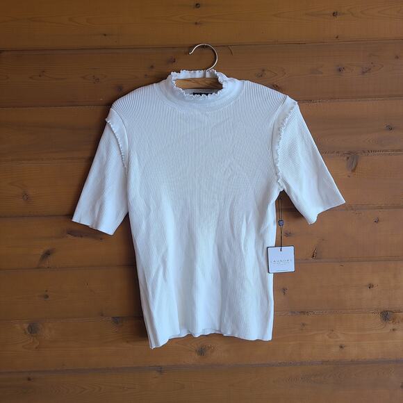 Laundry Shelli Segal Mock Neck Sweater Top Short Sleeve Ribbed Marshmallow L NWT - Picture 2 of 5